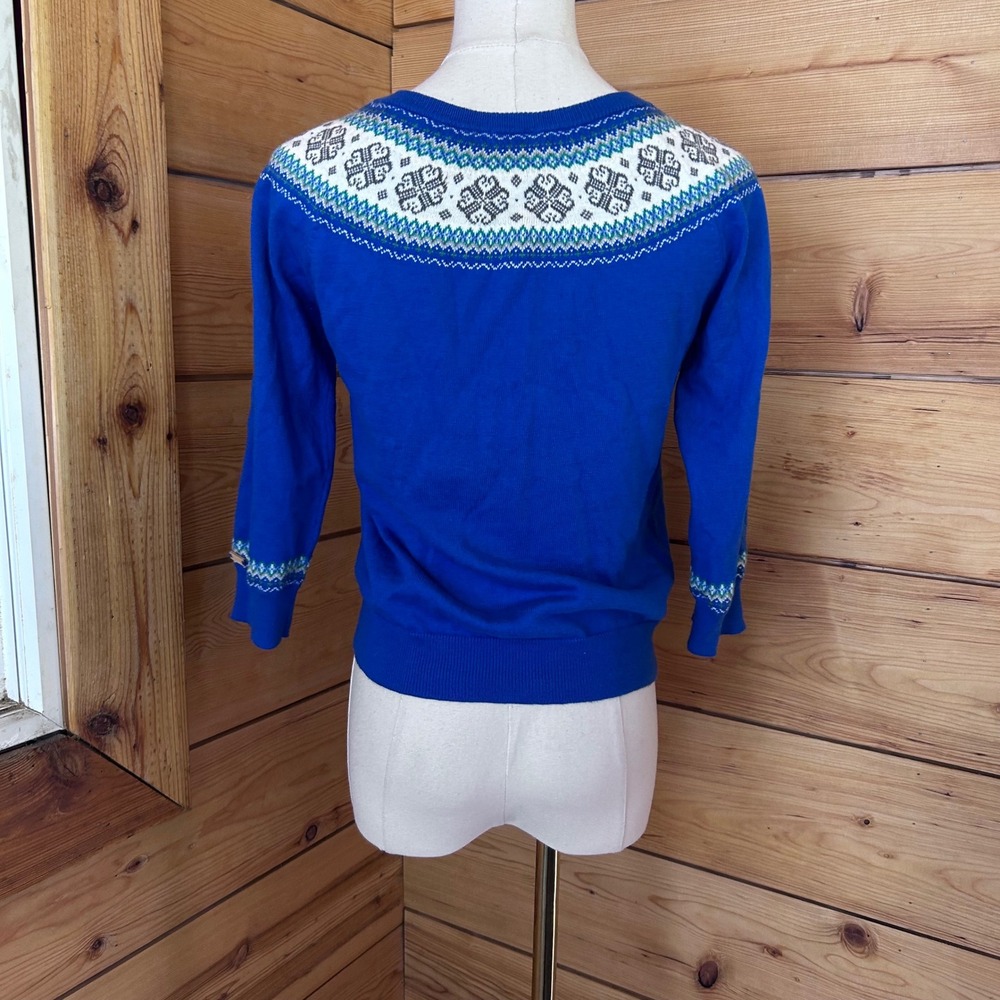 Vintage Silk Cashmere Fair Isle Cardigan Small Royal Blue Nordic Sweater Roots - Picture 5 of 9